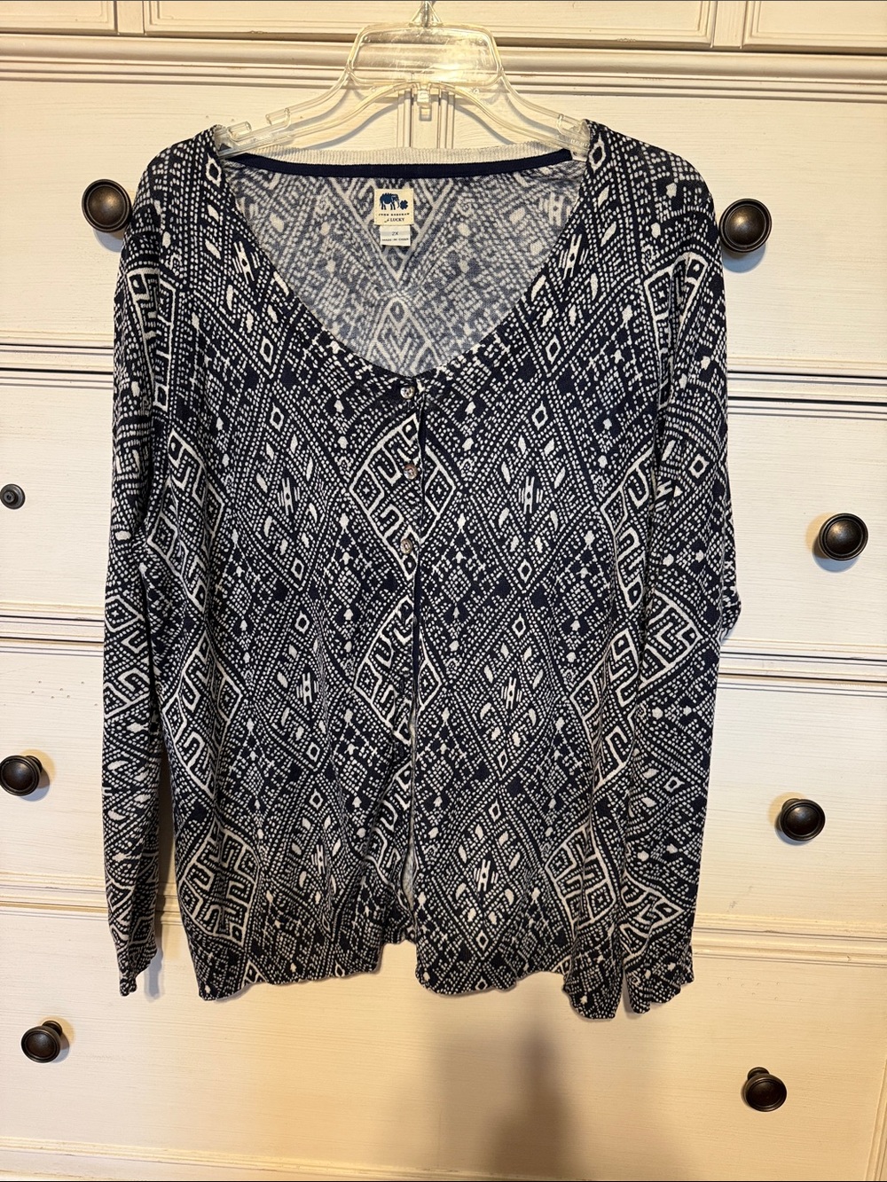 Women’s Boho Ivory & Navy Geometric Button Cardigan Sweater